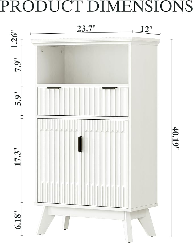 FLOWBACK Fluted Cabinet, 40'' High Coffee Bar Cabinet with Drawer & Door, Bathroom Storage with Open Shelf, Wood Kitchen Pantry Sideboard Buffet Table with Shelves for Kitchen, Dining Room, Entryway