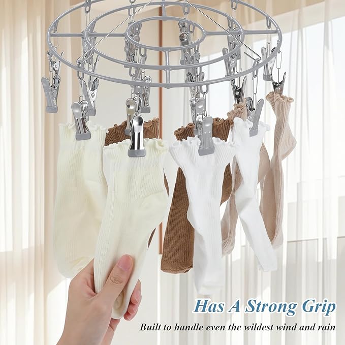 3 Pack Stainless Steel Foldable Round Hanging Drying Rack with 24 Clips, Swivel Hook Wind-Proof Clothes Hanger, Clothes Drying Rack for Laundry, Sock, Bras, Underwear, Laundry Accessories