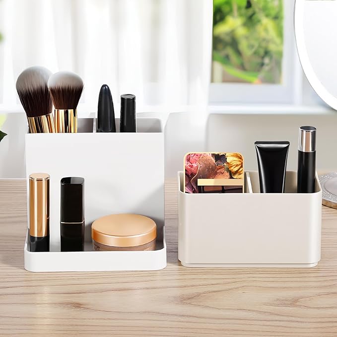 Poeland Desktop Storage Organizer, Pen and Pencil Cases Boxes, Pen or Pencil Holder Box Container for Desk, Office Supplies, Vanity Table Tan