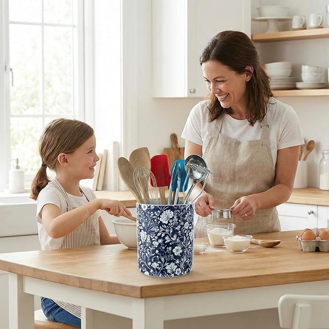 MyGift Ceramic Kitchen Utensil Holder with Blue and White Floral Design – Decorative Crock for Cooking Utensils, Flatware, and Countertop Storage