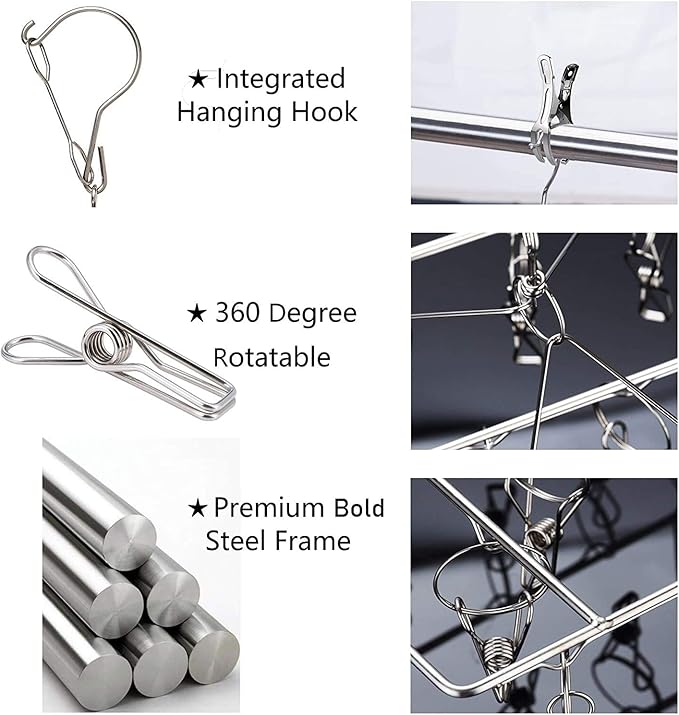 Stainless Steel Sock Drying Rack with 36 Clips, Swivel Hook Wind-Proof Clothes Hanger Rack for Sock, Bras, Underwear, Laundry Accessories
