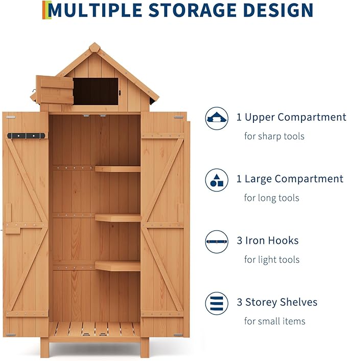GarveeLife 70 in Outdoor Wooden Storage Shed Waterproof, Vertical Outdoor Storage Cabinet with 3 Shelves, Roof Storage & Lockable Door, Space-Saving Garden Tool Shed for Patio, Yard, Lawn