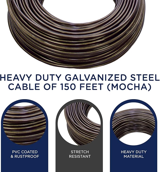 Strata Aged Bronze Harmony Clothesline Outdoor Heavy Duty Kit - 150 Feet Galvanized Wire PVC Coating, 6.5" Aged Bronze Clothes line Pulley 2pcs, Metal Mini Winch Tightener 1pc & 2 Metal Hooks