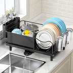 Stainless Steel Dish Drying Rack - Large Capacity Dish Rack for Kitchen Counter with Drain Board, Rustproof Dish Drainer with Drain Spout, Utensil Holder & Glass Holder, Dinnerware Organizer, Black