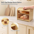 Bread Box for Kitchen Countertop, Double Layer Bamboo Bread Storage Container for Homemade Bread, Roll Top Bread Box with 3 Adjustable Height for Kitchen Counter, Natural Breadbox Organizer