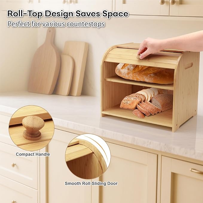Bread Box for Kitchen Countertop, Double Layer Bamboo Bread Storage Container for Homemade Bread, Roll Top Bread Box with 3 Adjustable Height for Kitchen Counter, Natural Breadbox Organizer