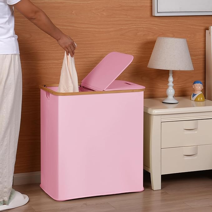 efluky Laundry Hamper with Lid, Double Laundry Hamper with 2 Removable Bags, 2 Section Laundry Basket with Bamboo Handles for Bathroom, Bedroom & Laundry Room (Pink, 140L Dual)