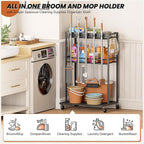 Broom Holder with Cleaning Supplies Organizer, Broom Closet Storage Cabinet with Mop Hanger Gripper Rack Hooks, Cleaning Housekeeping Janitorial Cart with Cleaning Caddy, Laundry Room Organization