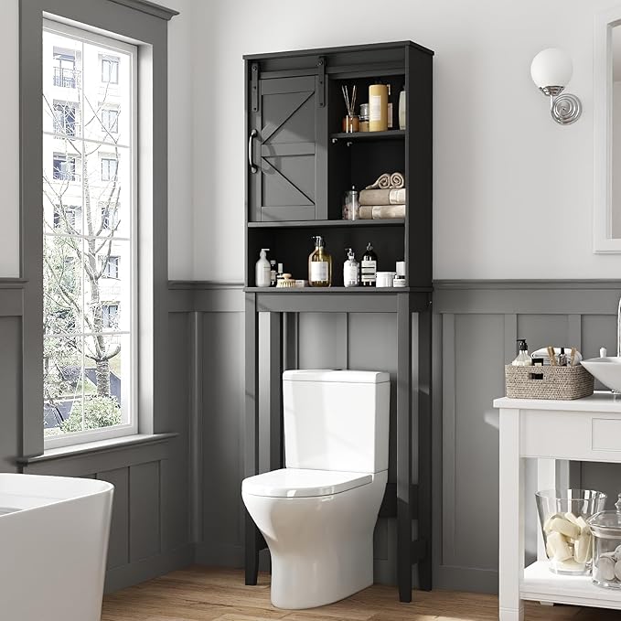 Over The Toilet Storage Cabinet, Bathroom Organizer with Adjustable Shelves and Anti-Tip Device, Space-Saving Storage Solution, Black