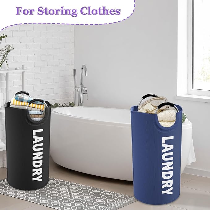 2Pcs 95L Collapsible Laundry Basket for Men, Tall Laundry Basket with Handles, Dirty Clothes Hamper in 600D Oxford Fabric, Freestanding Clothes Hampers for Bedroom, Dorm, Navy Blue + Black