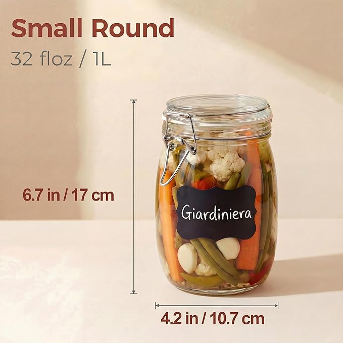 32 oz Wide Mouth Glass Jars with Airtigh Lids, 4 Pack Glass Pickling Jars for Canning, Fermenting, Large Mason Storage Container for Coffee, Flour, Sugar, Pasta