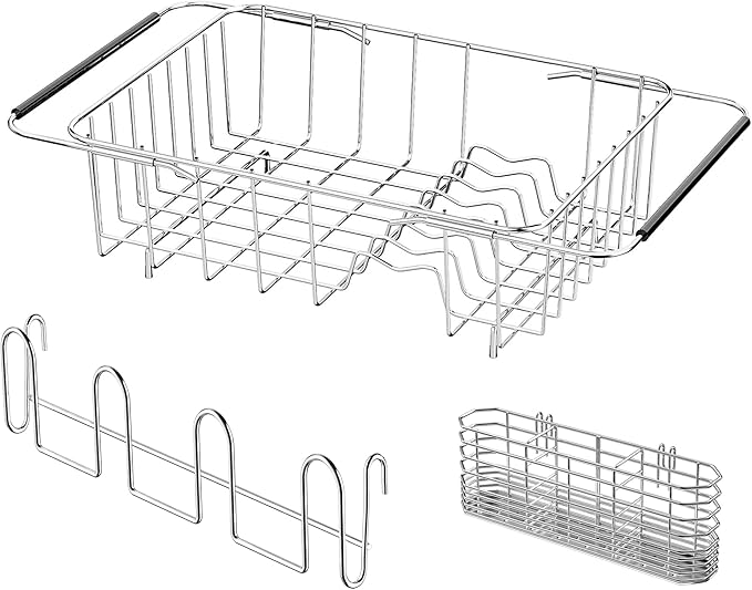 Stainless Steel Dish Drying Rack(15" L X 11" W X 4.1" H), Expandable Drain Rack Over Sink, Dish Drainer Rack in Sink, with Stainless Steel Utensil Holder & 4 Hooks Cup Hanger