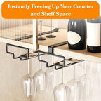 LINFIDITE Wine Glass Holder 2PCS Stemware Rack Hanger Under Cabinet Wine Glass Rack Kitchen Hanging Storage Rack Organizer,Black (For Partition Thickness under 1.18")