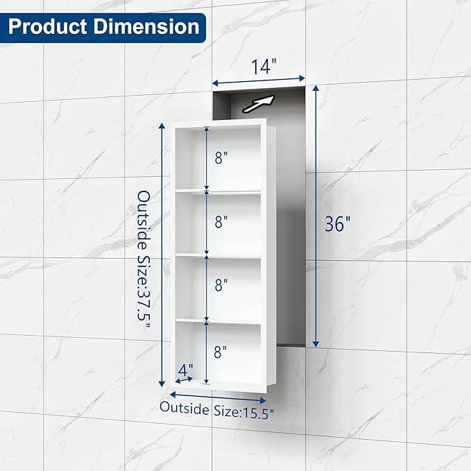 14x36 Recessed Medicine Cabinet, Medicine Cabinet No Mirror, 304 Stainless Steel Medicine Wall Niche with 4-Tiers Shelves, Matte White