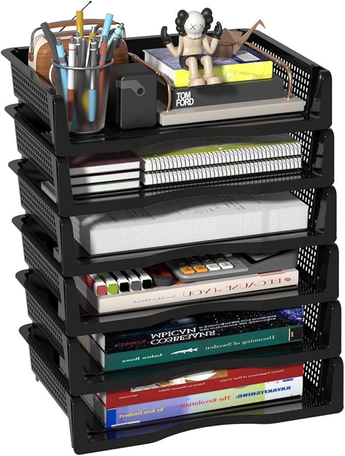 6 Pack Office Stackable Letter Tray, Plastic Stackable Paper Storage Basket Tray, Black