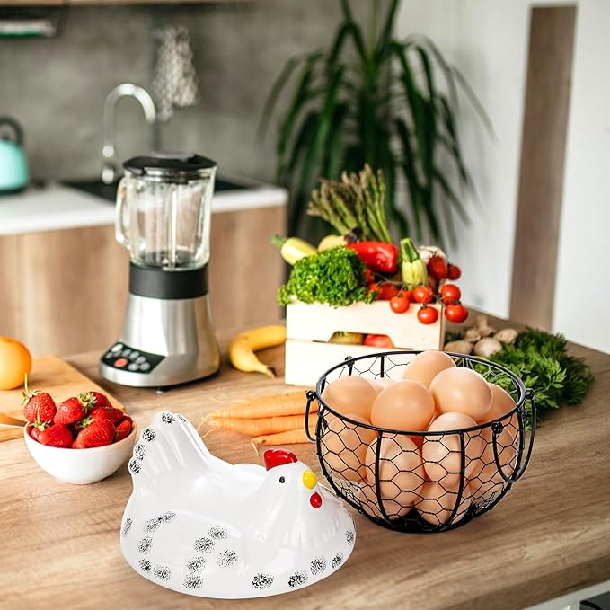 AVLA Chicken Egg Basket, Black Wire Egg Collection Baskes with Ceramic Lid for Gathering Fresh Eggs, Chicken Egg Holder, Decorative Farmhouse Cute Eggs Storage Container for Kitchen, Countertop
