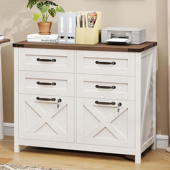 Lateral File Cabinet with 6 Drawers, Farmhouse File Cabinet with Lock for Letter/A4 Size Hanging Files, Wood File Storage Cabinets Printer Stand for Home Office Cabinets, Rustic White and Brown