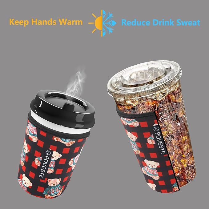 Reusable Neoprene Insulator Sleeve for Iced Coffee & Cold Soda, Coffee Sleeves for Iced & Hot Drinks, Cold Beverage Cooler Compatible with Starbucks, Dunkin (Plaid Bear, Medium: 22-24oz)