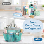 F-color Mesh Shower Caddy Portable - 2 Handles Upgrade Deeper 7 Pockets Basket Bag Tote for College Dorm Room Toiletry Bathroom Essentials Gym Camp Quick Dry with S Hook, 2 Pack Mint Green