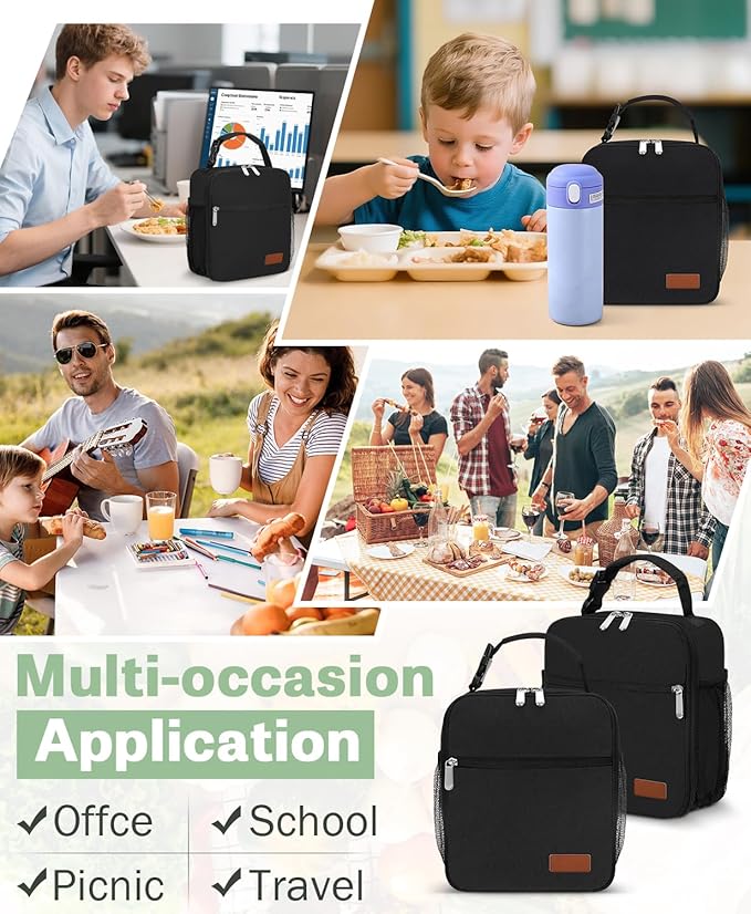 Small Lunch Box Insulated Lunch Bag for Men Women Kids, Reusable Lunch Bags Portable Small Lunch boxes Cooler Bag for School/Work/Picnic, Black 12-Can(6.5L)