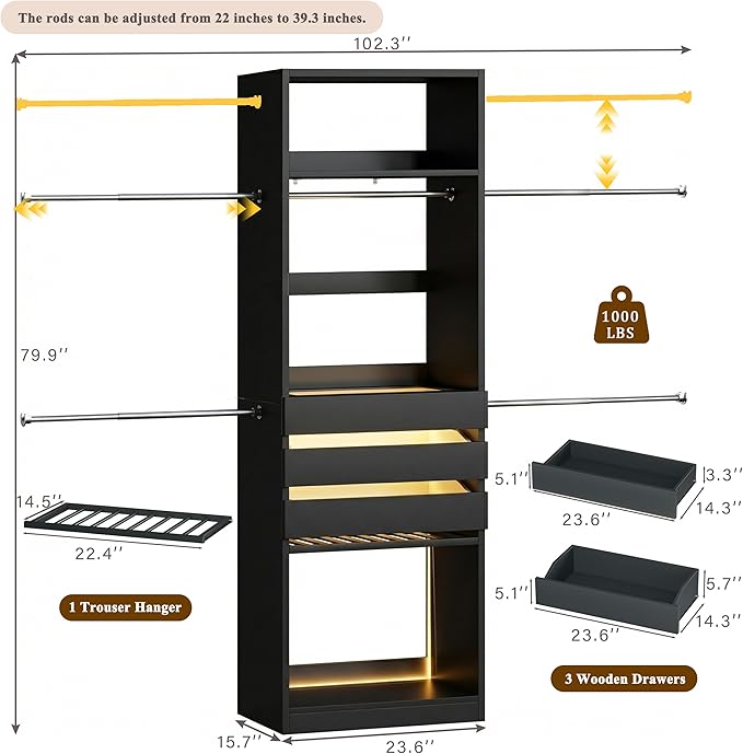 Closet System, 4-8FT Closet Organizer with 3 Wood Drawers & Glass Top, 102'' Walk in Closet with 5 Hang Rods & LED Lights & Trouser Rack, Built-in Wardrobe Clothes Rack with Shelves and Tower, Black