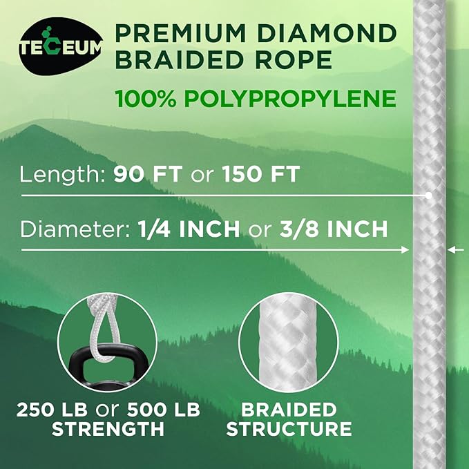 TECEUM Rope – 150 Feet x 1/4 Inch (7mm) – White – Strong All-Purpose Utility Rope – Camping, Crafting, Flag Pole, Indoor & Outdoor – Polypropylene Nylon Poly Lightweight Diamond Braided Cord