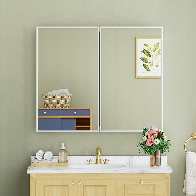 Buruis 36" x 30" Framed Medicine Cabinet with Mirror, Recessed or Wall Mounted Bathroom Cabinet, Adjustable Tempered Glass Shelves, Left/Right Open Reversible, No Assembly Required, White