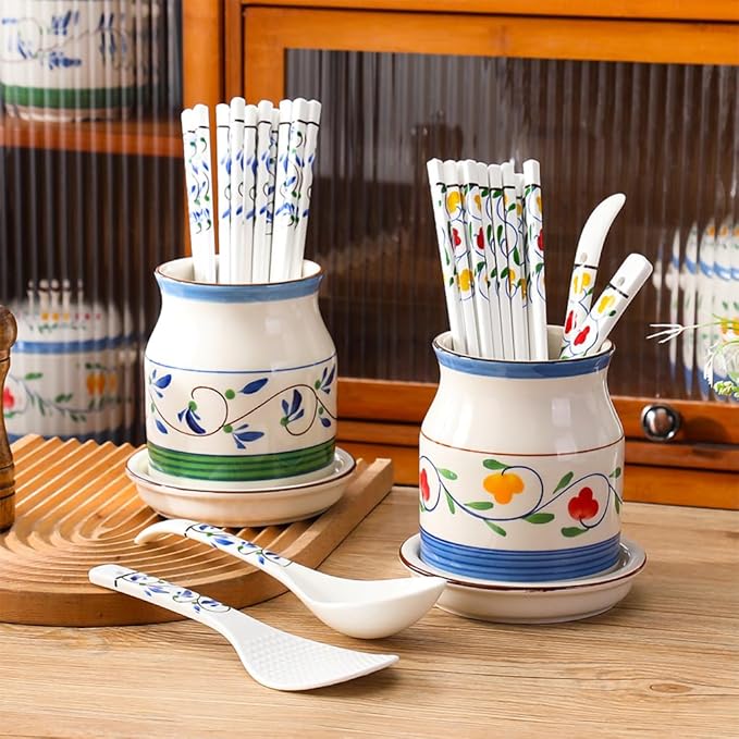 WAIT FLY Flower Pattern Porcelain Kitchen Utensil Holder with Bottom Flatware Storage Organizer Utensil Crock for Countertop Kitchen Counter Decor-Blue
