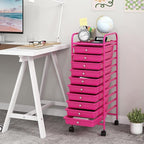 GOFLAME 10-Drawer Rolling Storage Drawer Cart, Utility Cart with Removable Drawers & Metal Frame, Mobile Art Craft Drawer Cart with Lockable Wheels for Home, Office, Studio, School, Hot Pink