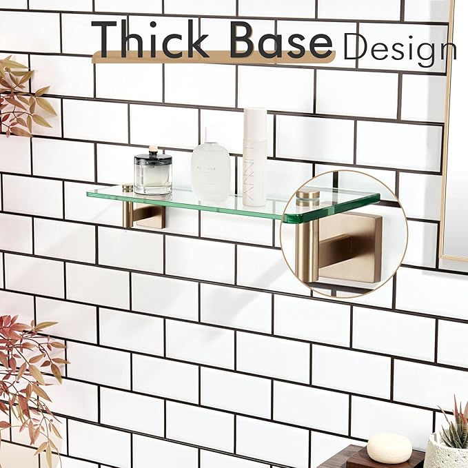 KOKOSIRI Wall Shelves Bathroom Hardware Glass Floating Shelf Small Hanging Rack Storage/Room Decor 16-Inch Champagne Bronze 2 Pack B1105CPG-L16-P2