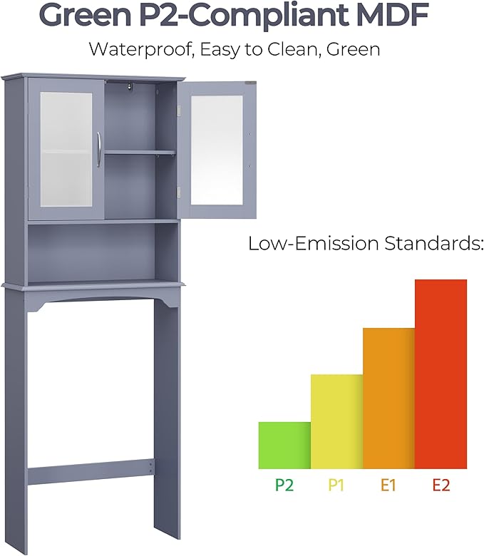 Yaheetech Over The Toilet Storage Cabinet, Free Standing Toilet Rack with Adjustable Shelves and Tempered Glass Doors for Bathroom Washroom, Grey