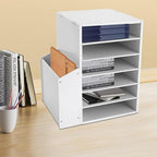 Literature Organizers With Side Storage cabinet, 6 Compartments Office Mailbox with Adjustable Shelves, PVC Board Literature Sorter for Office, Home, Classroom, Mailrooms Organization, White