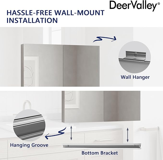 DeerValley Medicine Cabinet with Mirror, 30" W x 26" H Bathroom Mirror with Storage, Frameless Modern Wall Mount Mirrored Medicine Cabinets with Adjustable Shelf