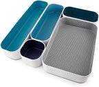Three by Three Seattle 5 Piece Metal Organizer Tray Set for Storing Makeup, Stationery, Utensils, and More in Office Desk, Kitchen and Bathroom Drawers (2 Inch, Assorted Blue and Stripes)