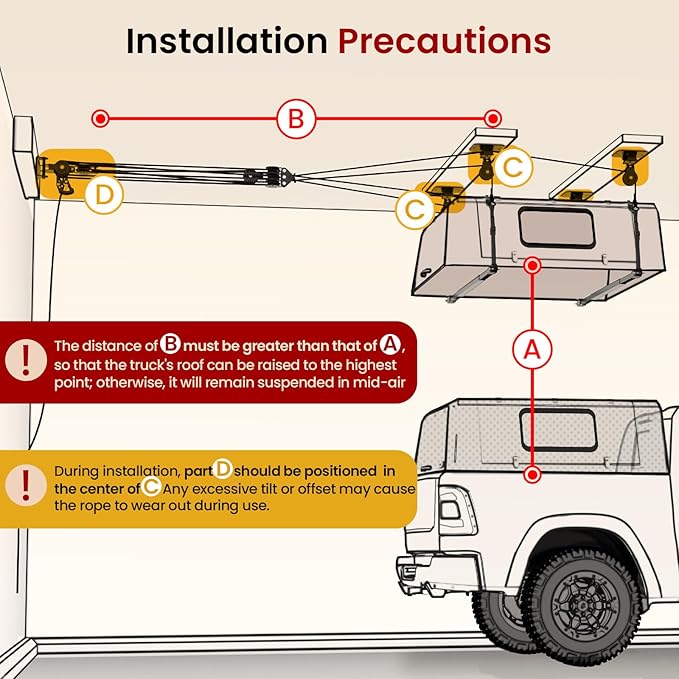 Truck Cap Hoist System for Garage Ceiling, Smart 4-Point Self-Leveling Garage Hoist with 8:1 Pulley Lift System, Easy One-Person Overhead Garage Storage Lift for Truck Topper Rack, 250 lb