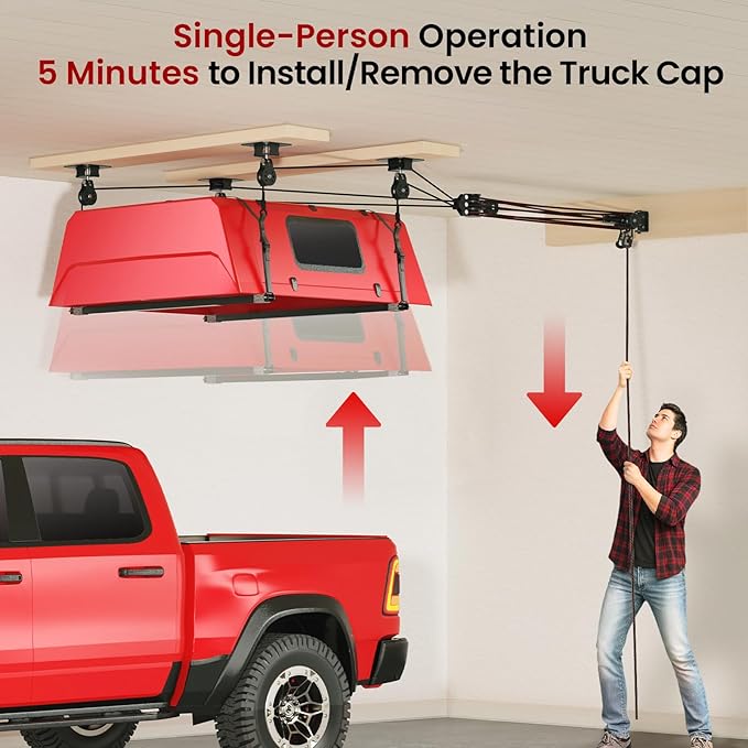 Truck Cap Hoist System for Garage Ceiling, Smart 4-Point Self-Leveling Garage Hoist with 8:1 Pulley Lift System, Easy One-Person Overhead Garage Storage Lift for Truck Topper Rack, 250 lb