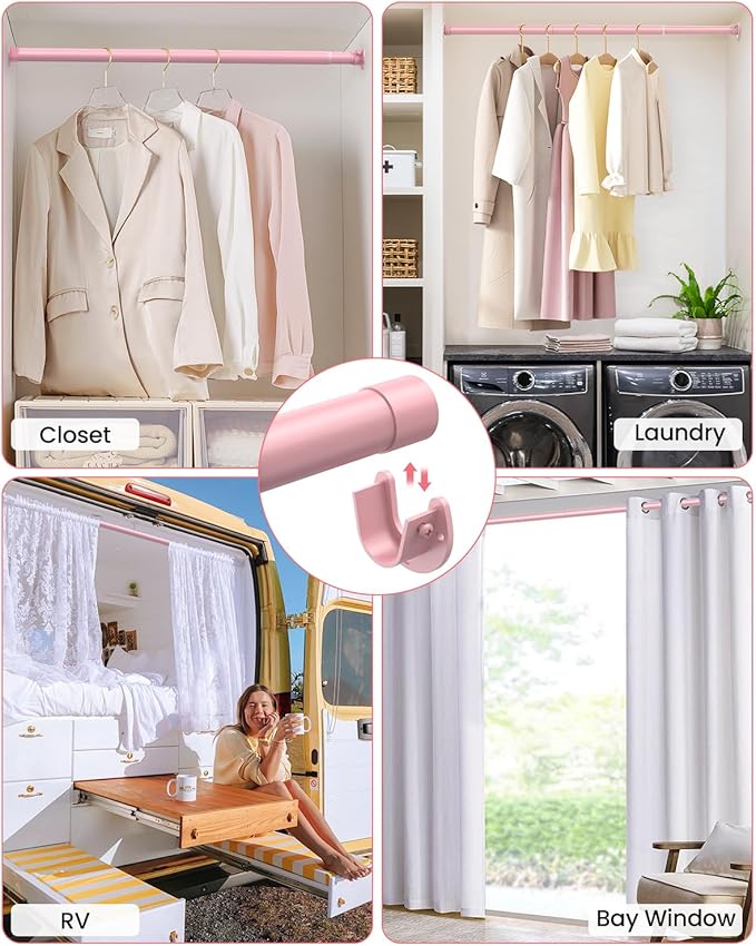 Closet Rods for Hanging Clothes, 17 to 84 Inches Stepless Adjustable Metal Closet Rod, 1.3 Inches Heavy Duty Clothes Hanging Rod for Closet Wardrobes Laundry RV, Pink