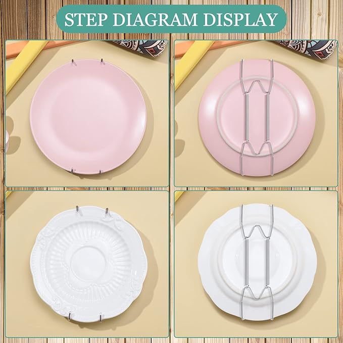Hotop 12 Pieces Plate Hangers for Wall Stainless Steel Wire Invisible Heavy Duty Plate Hangers Display Holders with 12 Pieces Hooks for Wall Decorative(6 Inch,Silver)