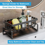 Black Kitchen Sink Sponge Holder with Automatic Drainage Tray,Rust Proof Stainless Steel Kitchen Sponge Storage,Self Draining Dishwashing Soap Sponge Rack Suitable for Counters