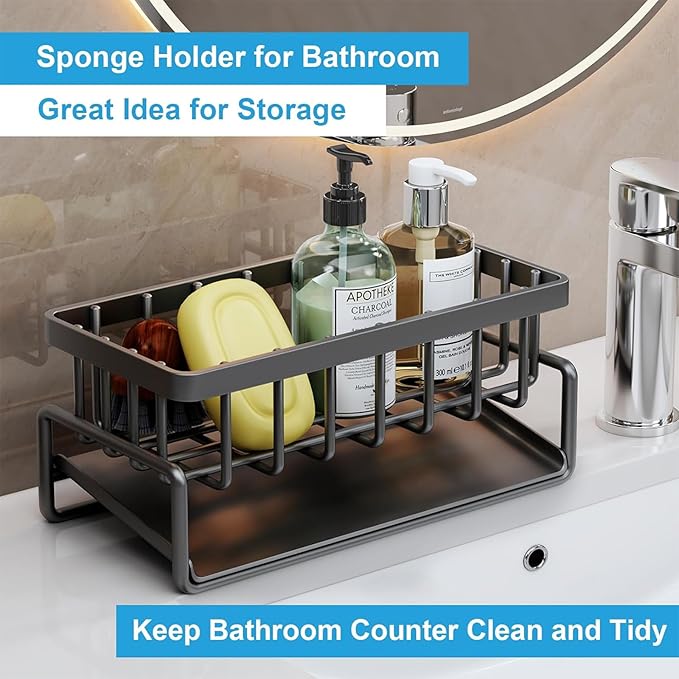Black Kitchen Sink Sponge Holder with Automatic Drainage Tray,Rust Proof Stainless Steel Kitchen Sponge Storage,Self Draining Dishwashing Soap Sponge Rack Suitable for Counters