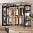 Homykic Bamboo Clothes Rack Garment Rack for Hanging Clothes, Heavy Duty Clothing Rack with 7 Tiers Adjustable Shelves, Double Rods, 4 Hooks, Freestanding Closet System Organizer Wardrobe, Black
