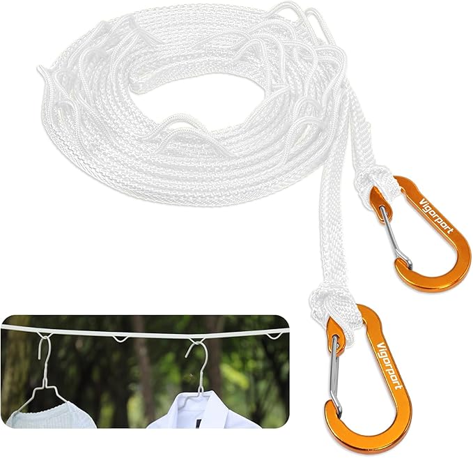 Vigorport Portable Travel Clothesline, Windproof Clothesline with Hang Hole, Indoor and Outdoor Clothes Line for Camping, Hotel, Backyard, Cruise Ship (White, 12.5 Ft)