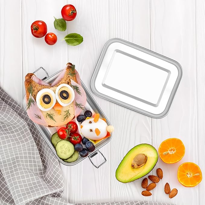 TeamFar Stainless Steel Bento Box, 28oz/850ML Small Metal Bento Lunch Box Container for Adults/Kids, for Home/School/Office/Travel, With 2 Removable Dividers, Leak-Proof & Dishwasher Safe