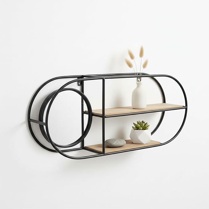 Metal And Wood Wall Shelf – Storage Shelf With Mirror And Open Shelves, Entryway Or Bathroom Wall Home Decor, Industrial Wall Organizer For Keys, Mail, And Display – 23" x 5" x 10", Brown Black