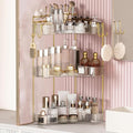 3-Tier Corner Bathroom Counter Organizer，Makeup & Skincare Shelf with Built-in Brush Holder，Space-Saving Bathroom Countertop Organizer for Skincare, Perfume, Cosmetics(Clear)