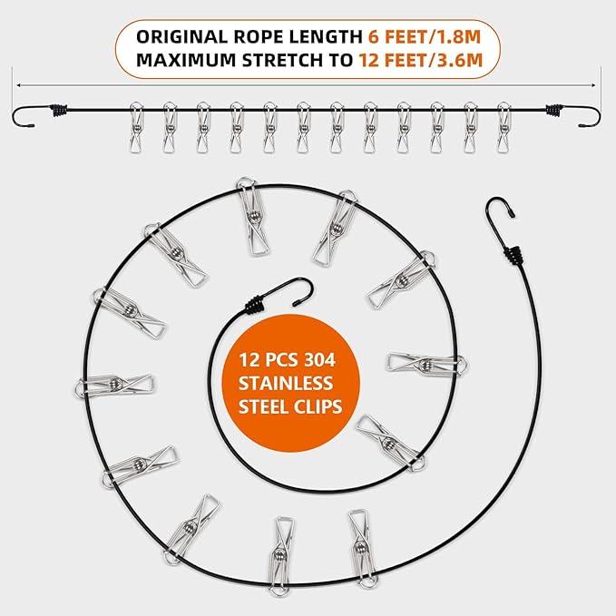 Travel Clothesline with Non-Slip Hook Clips (12pcs 304 Stainless Steel) Portable Clothes line for Cruise Ship/Beach Vacation/Camping Essentials (Patent Pending)