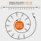 Travel Clothesline with Non-Slip Hook Clips (12pcs 304 Stainless Steel) Portable Clothes line for Cruise Ship/Beach Vacation/Camping Essentials (Patent Pending)