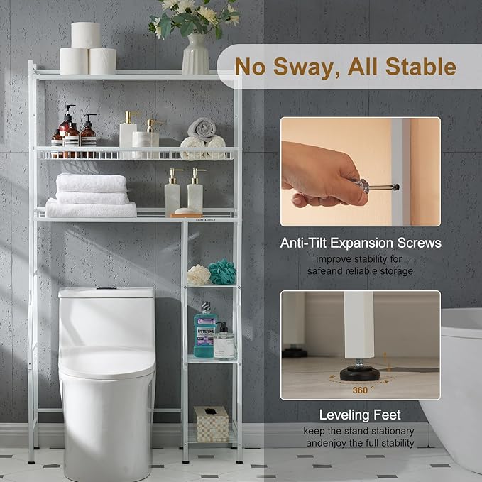 Lauren&Harold 6-Tier Over The Toilet Storage with Side Rack, 32.8" W x 12.2" D x 61" H Over Toilet Bathroom Organizer, Freestanding Above Over Toilet Storage Shelf for Restroom, Laundry, White