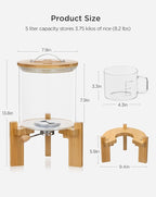 HBlife 8-10 Lbs Glass Rice Dispenser with Wooden Stand Flour and Cereal Container with Glass Measuring Cup Pantry Food Organization Storage Bin with Airtight Bamboo Lid, 5L