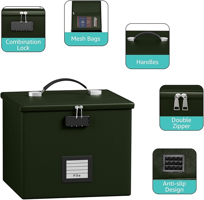 Army Green Fire Proof File Box for Documents - Portable Fireproof Document Organizer Box with Handle Waterproof Safe Locking Folder Storage with Lid